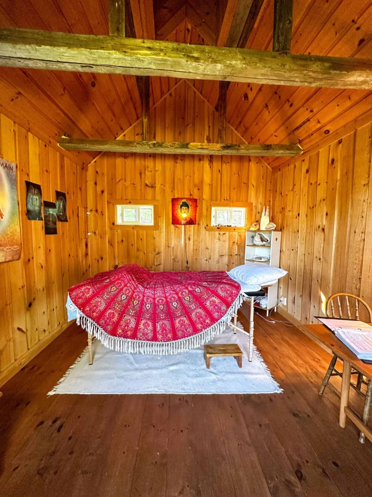Salle de soins lambrissée de bois avec table de massage