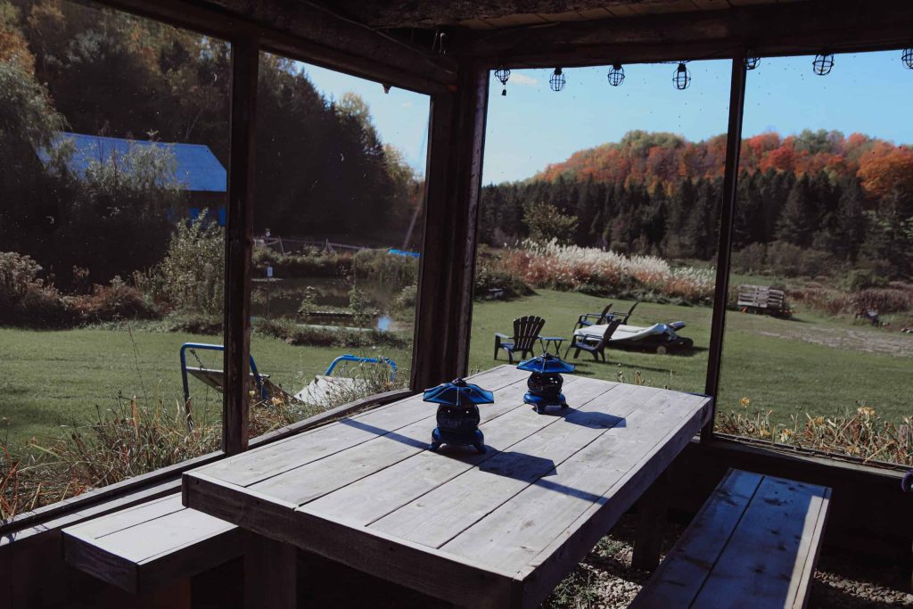 Table dans un abri moustiquaire avec vue sur les champs