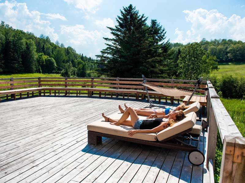 Terrasse en bois avec chaises longues face à la forêt